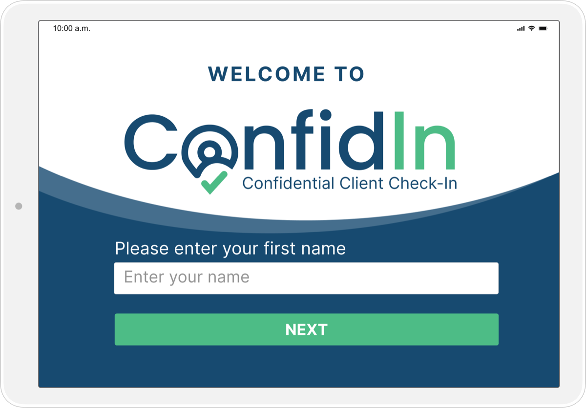 iPad showing the ConfidIn welcome screen asking the visitor to enter a first name