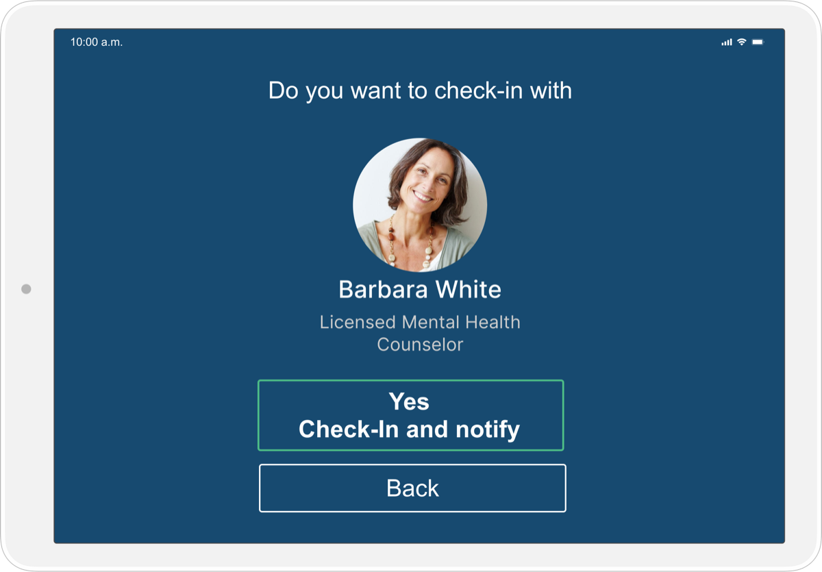 iPad asking Do you want to check-in with Barbara White, with a Yes, Check-In and notify button